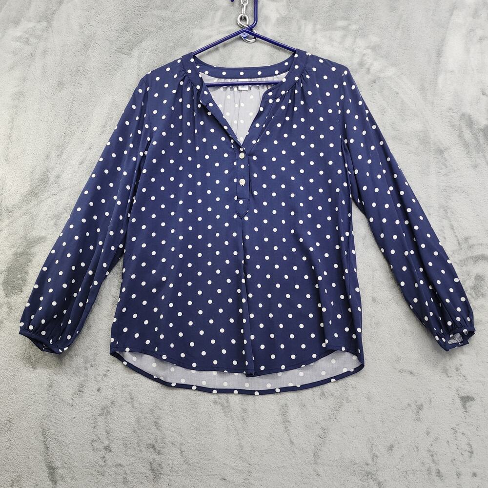 Old Navy Top Womens Size M Blue White Polka Dot Long Sleeve Popover Flowy Office